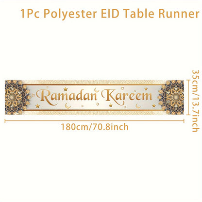 1pc, Ramadan Kareem Table Flag, Polyester Table Flag, 35x180CM, Suitable For Eid Table Decoration, Table Decor, Party Decor, Party Supplies, Holiday Decor, Holiday Supplies