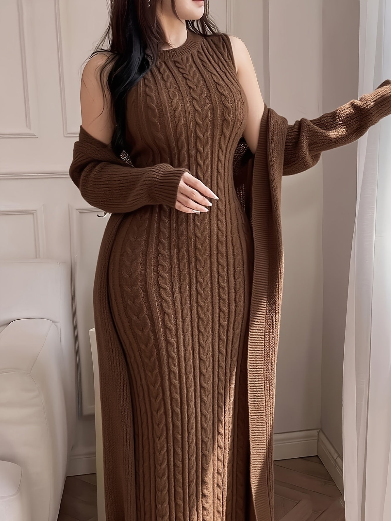 Women’s Elegant Khaki Knit Two-Piece Set – Round Neck Cardigan Top & Sleeveless Braided Texture Dress, Chic Autumn/Winter Outfit for Dates & Parties