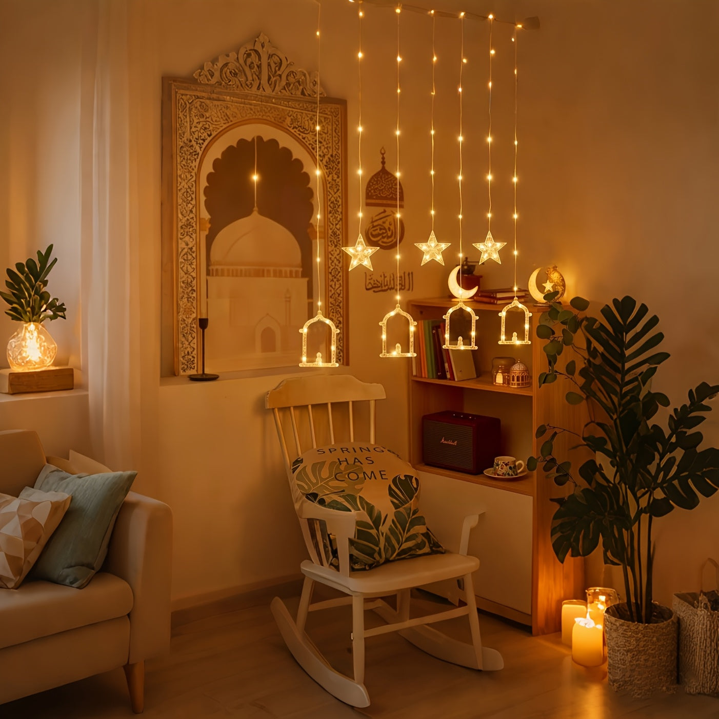 1pc Ramadan Lamp Decoration, Ramadan Curtain Light, Muslim Ramadan LED String Light, Crescent Moon Curtain Light, Moon Castle Curtain Light, Home Holiday Decoration, Warm and Romantic Atmosphere Light, Perfect for Ramadan, Ei