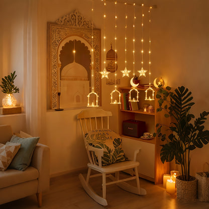 1pc Ramadan Lamp Decoration, Ramadan Curtain Light, Muslim Ramadan LED String Light, Crescent Moon Curtain Light, Moon Castle Curtain Light, Home Holiday Decoration, Warm and Romantic Atmosphere Light, Perfect for Ramadan, Ei