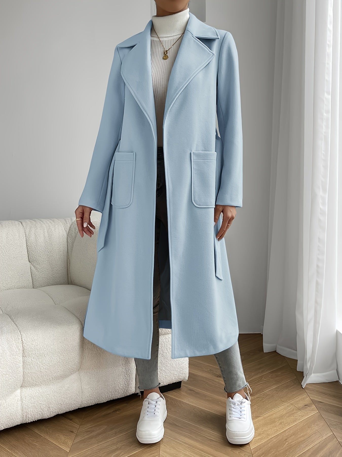 Women's Elegant Beige Trench Coat – Belted Long Sleeve Jacket with Pockets, Classic Collar & Structured Design for Spring & Fall