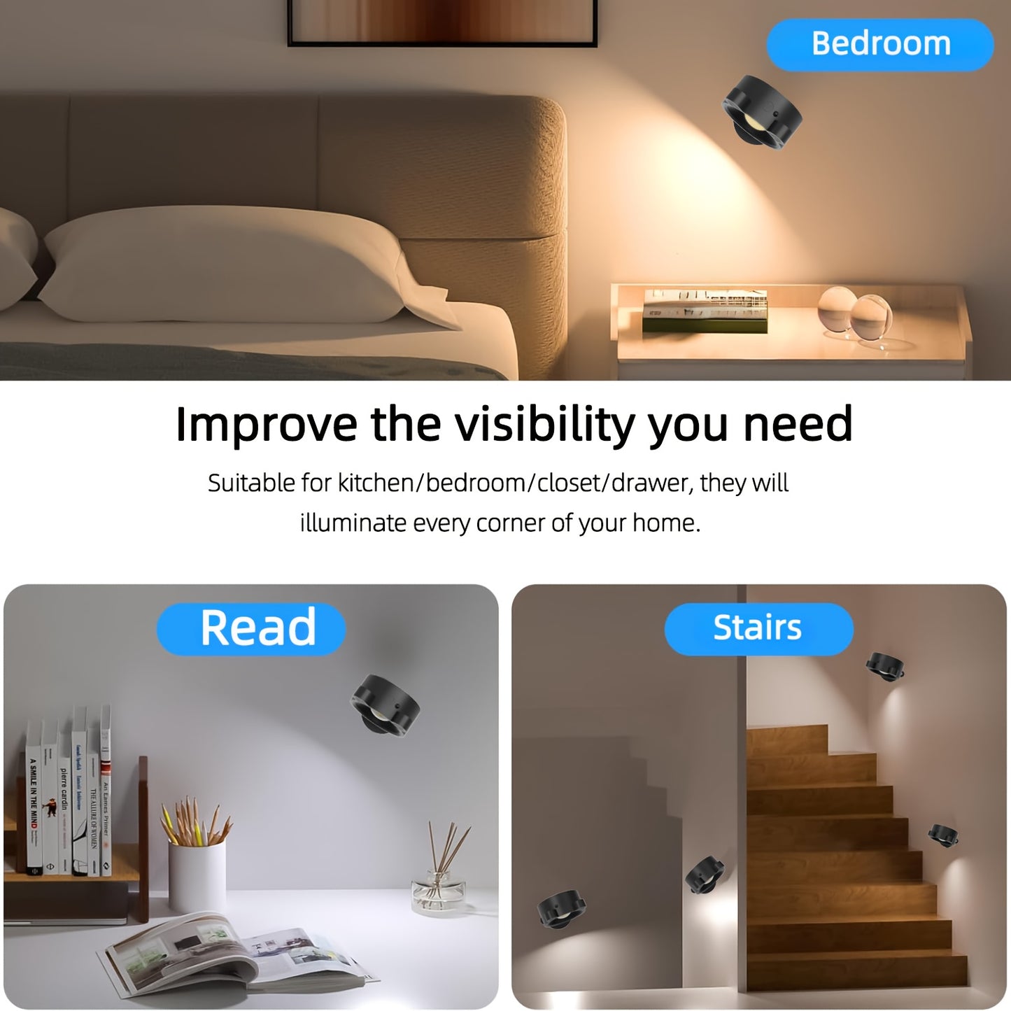 Rechargeable LED Wall Lamp – 360° Rotating Spotlight with Remote & Touch Control, 3-Color Dimming for Home & Gallery