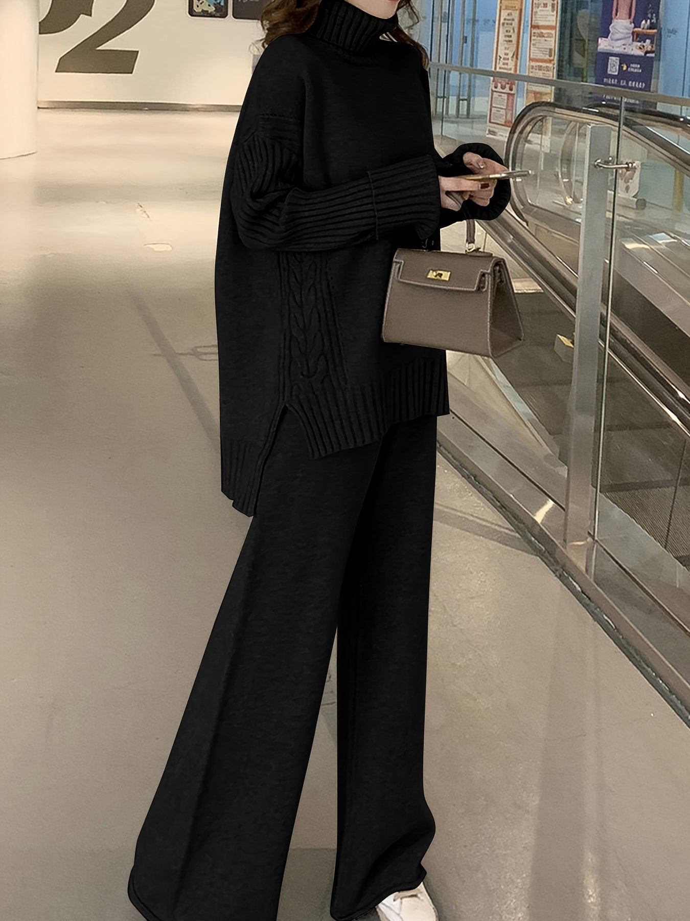 Autumn & Winter Sweater Set – Elegant High-Neck Top with Wide-Leg Pants, Solid Color Casual Chic Outfit