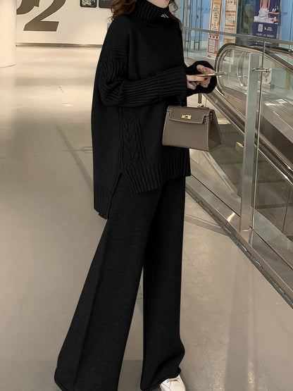 Autumn & Winter Sweater Set – Elegant High-Neck Top with Wide-Leg Pants, Solid Color Casual Chic Outfit