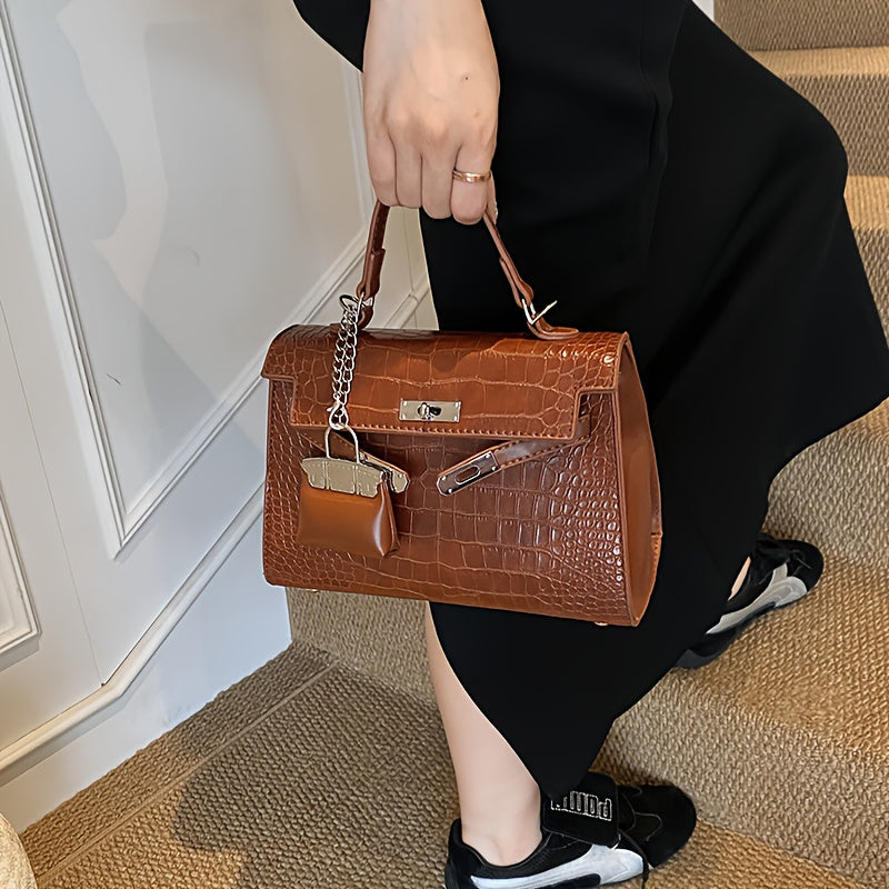 Women’s Luxury Alligator-Texture Handbag – Adjustable Crossbody Strap, Golden-Tone Hardware, Turn-Lock Closure & Reinforced Top Handle, European Collection (Deep Brown/White/Black)