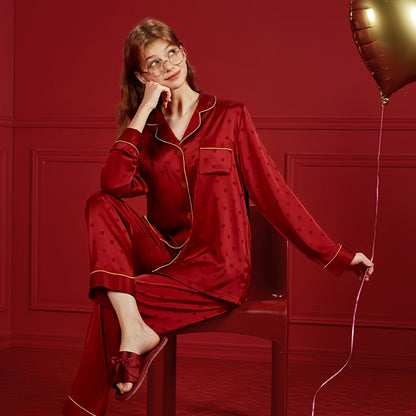 Women’s Elegant Red Heart-Pattern Pajama Set – Soft Long-Sleeve Top & Pants with Lapel Collar and Button Details for Spring/Fall
