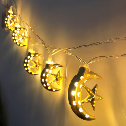 LED Ramadan Light String, 1.65 Meters 10 Lights Golden Star and Moon Light String, Golden Palace Lamp Battery Model Without Batteries, Eid al-Fitr Stars and Moons Decorative Lights, Muslim Festival Party Decoration, Home Deco