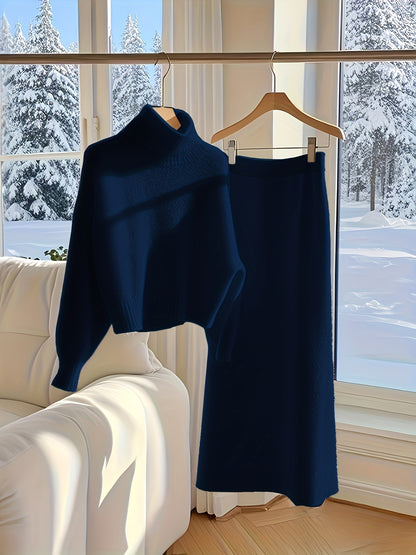 طقم ملابس تريكو نسائي لفصل الخريف والشتاء - فستان طويل فضفاض مع سترة بياقة عالية، بلون واحد