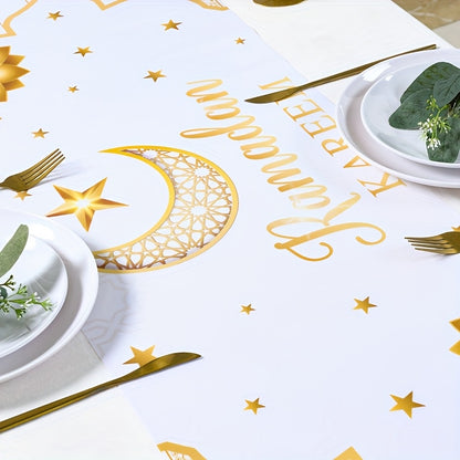 1pc Patimate Ramadan Kareem & Eid Mubarak Table Runner - White & Golden Islamic Crescent Moon and Star Decorations, Muslim Home Table Decor Suitable for Ramadan & Eid Al-Fitr Celebrations, Elegant Islamic Table Cover