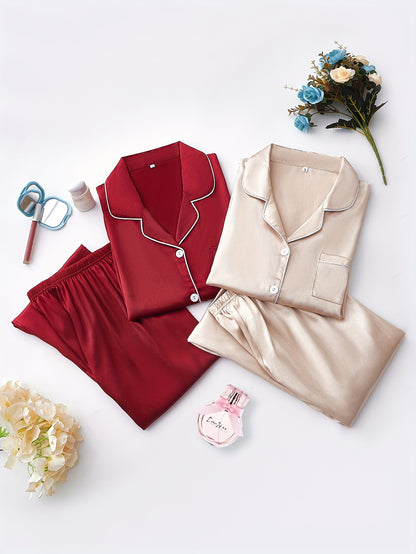Women’s 2-Set Satin Pajama Collection – Long-Sleeve & Long-Pants Solid Color Sleepwear with Turned Collar and Elegant Button Detailing for Autumn/Winter
