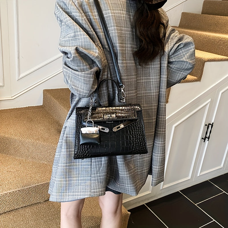 Women’s Luxury Alligator-Texture Handbag – Adjustable Crossbody Strap, Golden-Tone Hardware, Turn-Lock Closure & Reinforced Top Handle, European Collection (Deep Brown/White/Black)