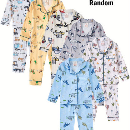 Random 4-Piece (2 Sets) Boys’ Dinosaur Print Shirt & Elastic-Waist Pants – Polyester Cartoon Pajama/Home Wear Sets for Ages 2–7, Spring/Autumn/Winter