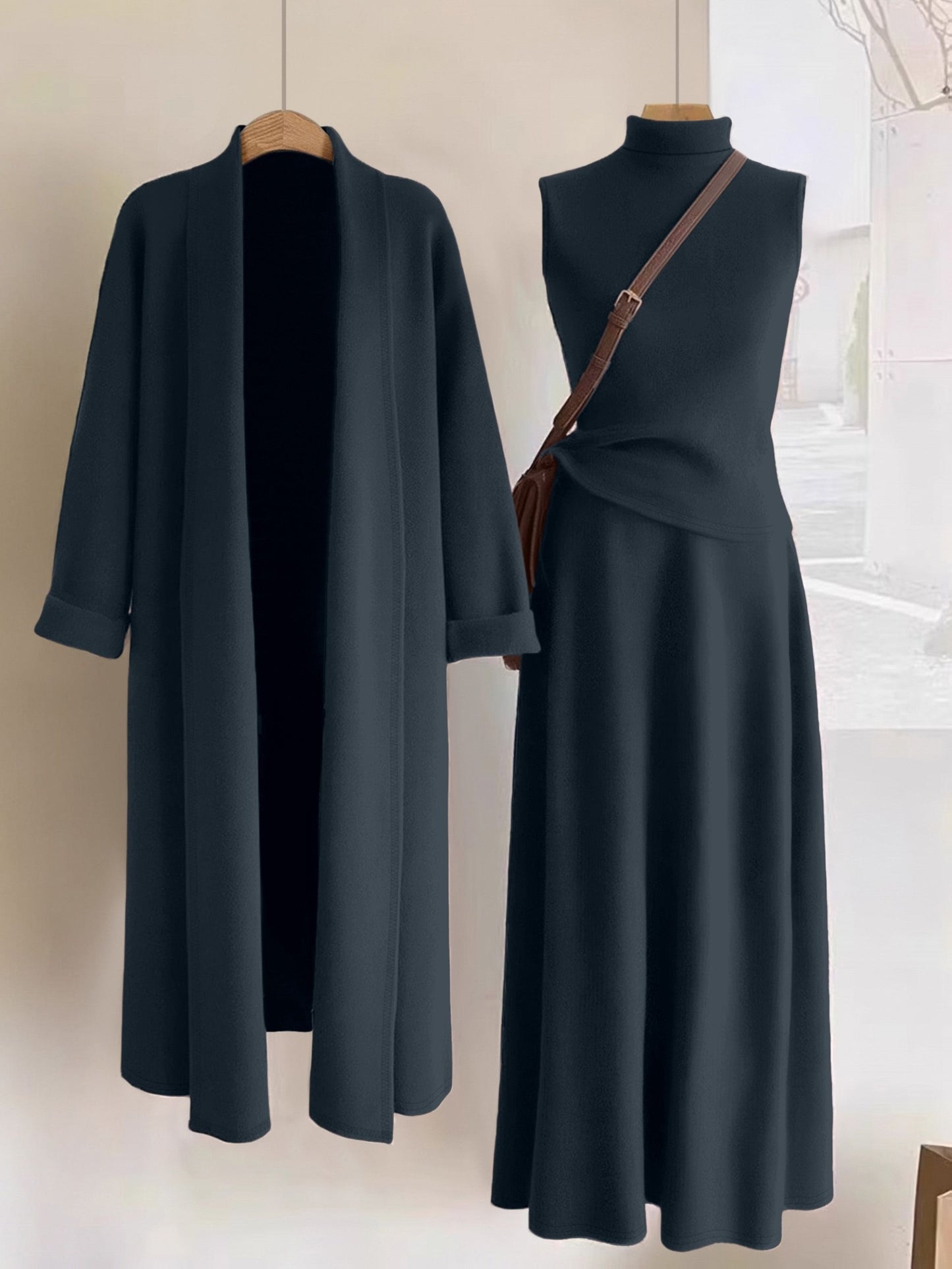 Women’s Elegant 3-Piece Outfit Set – Long Cardigan Jacket, High-Neck Vest & Skirt, Solid Color Chic Ensemble for Casual or Formal Events