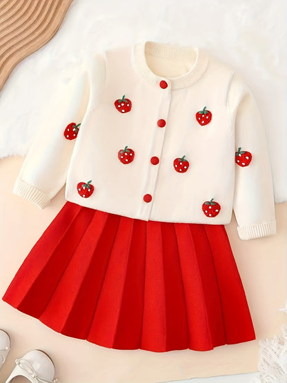 Girls’ 2-Piece Furry Fruit Sweater & Pleated Skirt Set – Cozy Purple Knitwear Outfit for Daily Wear or Parties in Autumn/Winter