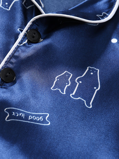 3 Sets (6pcs) Boys’ Cartoon Long-Sleeve Pajama Sets – Casual Non-Stretch Animal Print Sleepwear with Button Front & Cardigan Collar for Spring/Summer/Fall