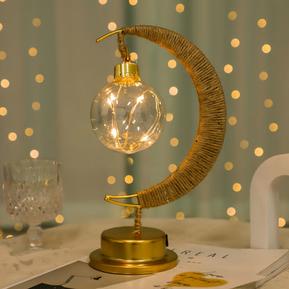 1pc LED Iron Art Hemp Rope Star and Moon Lamp Suitable for Festive Parties, Home Bedroom Table Light Atmosphere Modeling, Christmas, New Year, Eid al-Fitr and Ramadan Decoration Lighting (without Battery, Warm Light)