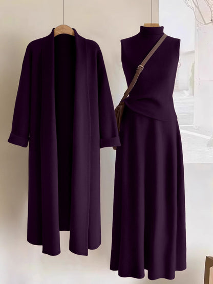 Women’s Elegant 3-Piece Outfit Set – Long Cardigan Jacket, High-Neck Vest & Skirt, Solid Color Chic Ensemble for Casual or Formal Events