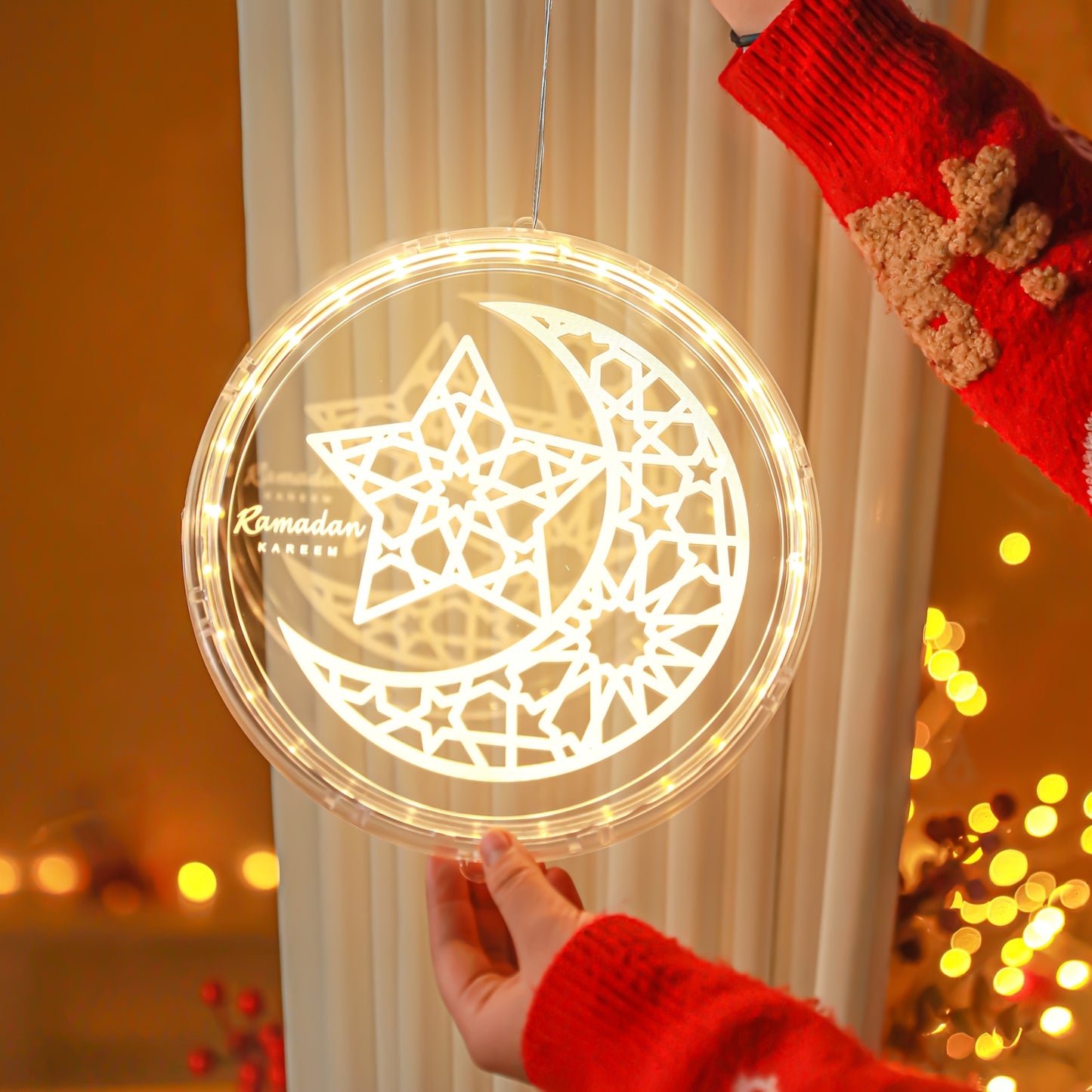 فوانيس رمضانية بتقنية LED - تصميم الخط العربي والهلال، تعمل بالبطارية، مصابيح معلقة داخلية/خارجية مع زر تحكم، فوانيس زخرفية