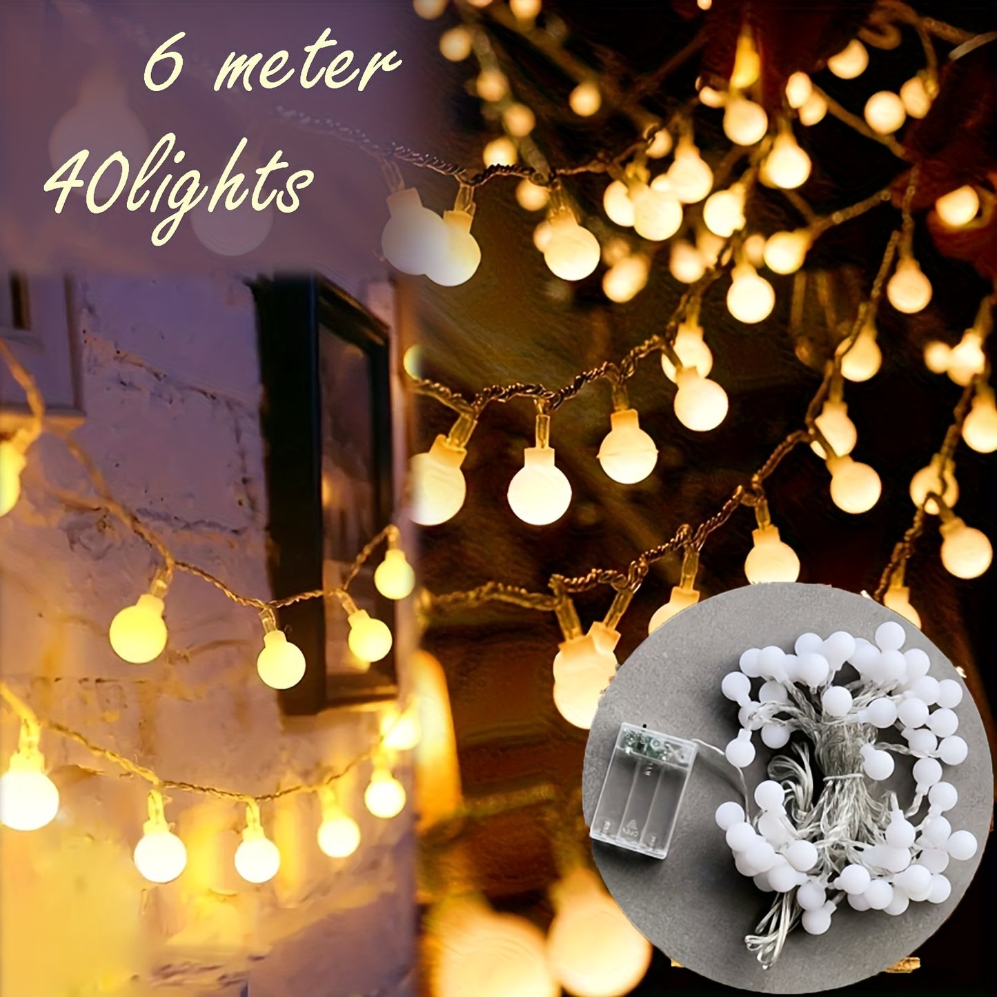 White Spherical Fairy String Lights – 6M 40-Bulb Decorative LED for Christmas, Weddings & Home Decor