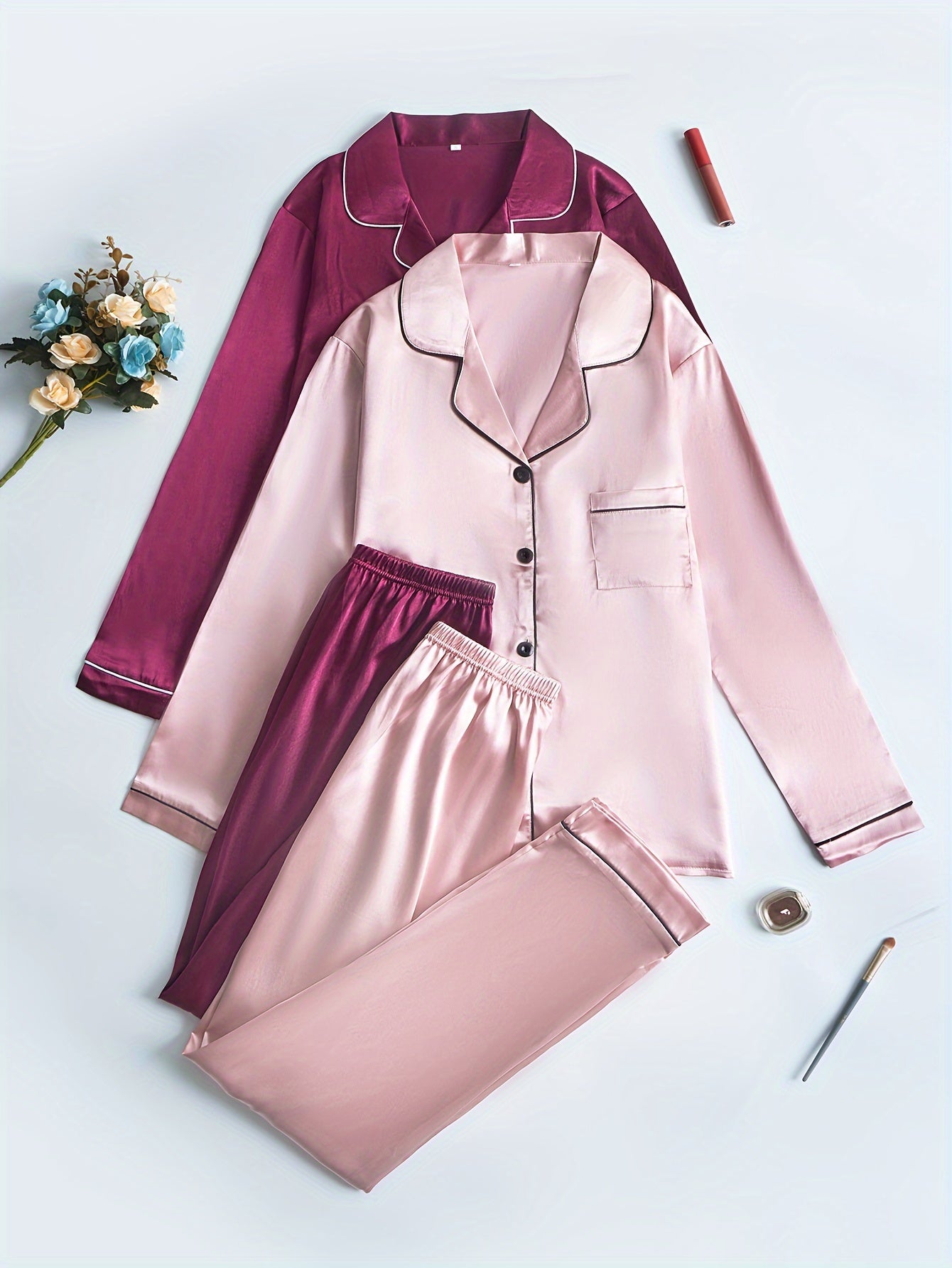 Women’s 2-Set Satin Pajama Collection – Long-Sleeve & Long-Pants Solid Color Sleepwear with Turned Collar and Elegant Button Detailing for Autumn/Winter