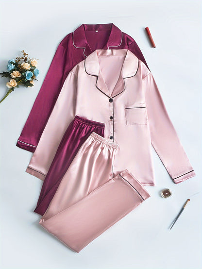 Women’s 2-Set Satin Pajama Collection – Long-Sleeve & Long-Pants Solid Color Sleepwear with Turned Collar and Elegant Button Detailing for Autumn/Winter