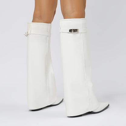 Women's Western Cowboy Boots – Chunky Heel, Pointed Toe, Buckle Detail & Slip-Resistant Sole, Stylish All-Season White Boots
