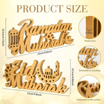 This Set of 2pcs Features Golden Wooden Decorations for Ramadan And Eid, Incorporating Symbols of Both "Ramadan Mubarak" And "Eid Mubarak." It Covers The Entire Period from Ramadan Blessings to Eid Celebrations, Suitable for