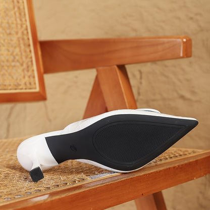 صندل نسائي أنيق أبيض اللون بمقدمة مدببة وكعب ستيليتو - حذاء بكعب عالٍ سهل الارتداء مع جزء علوي صناعي لامع ونعل من البولي يوريثين، مثالي لحفلات الصيف وحفلات الزفاف والمناسبات الرسمية