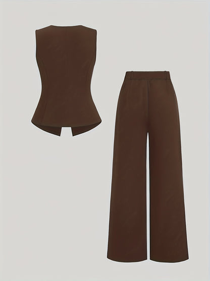 Women’s Elegant Waist-Cinching Vest & Wide-Leg Pants Set – Solid Button-Up Two-Piece Outfit for Office or Casual Wear