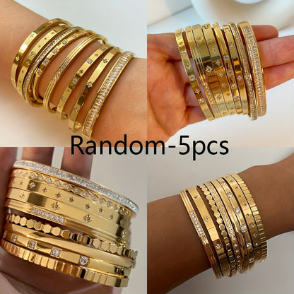 5pcs Women's Stainless Steel Bracelet Set - Elegant Interlocking Link & Beaded Jewelry, Stackable Everyday & Vacation Bangle Collection, Durable Tarnish-Resistant Watches-Like Bracelets (No Repeat Styles) for Year-Round Wear,