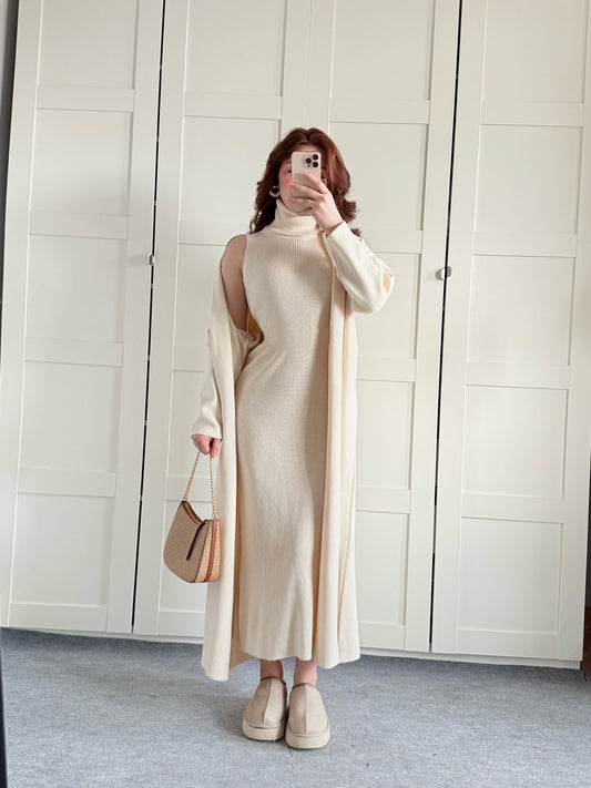 Women’s Autumn-Winter Chic Solid Color Long Sleeve Jacket & Round Neck Maxi Dress Set