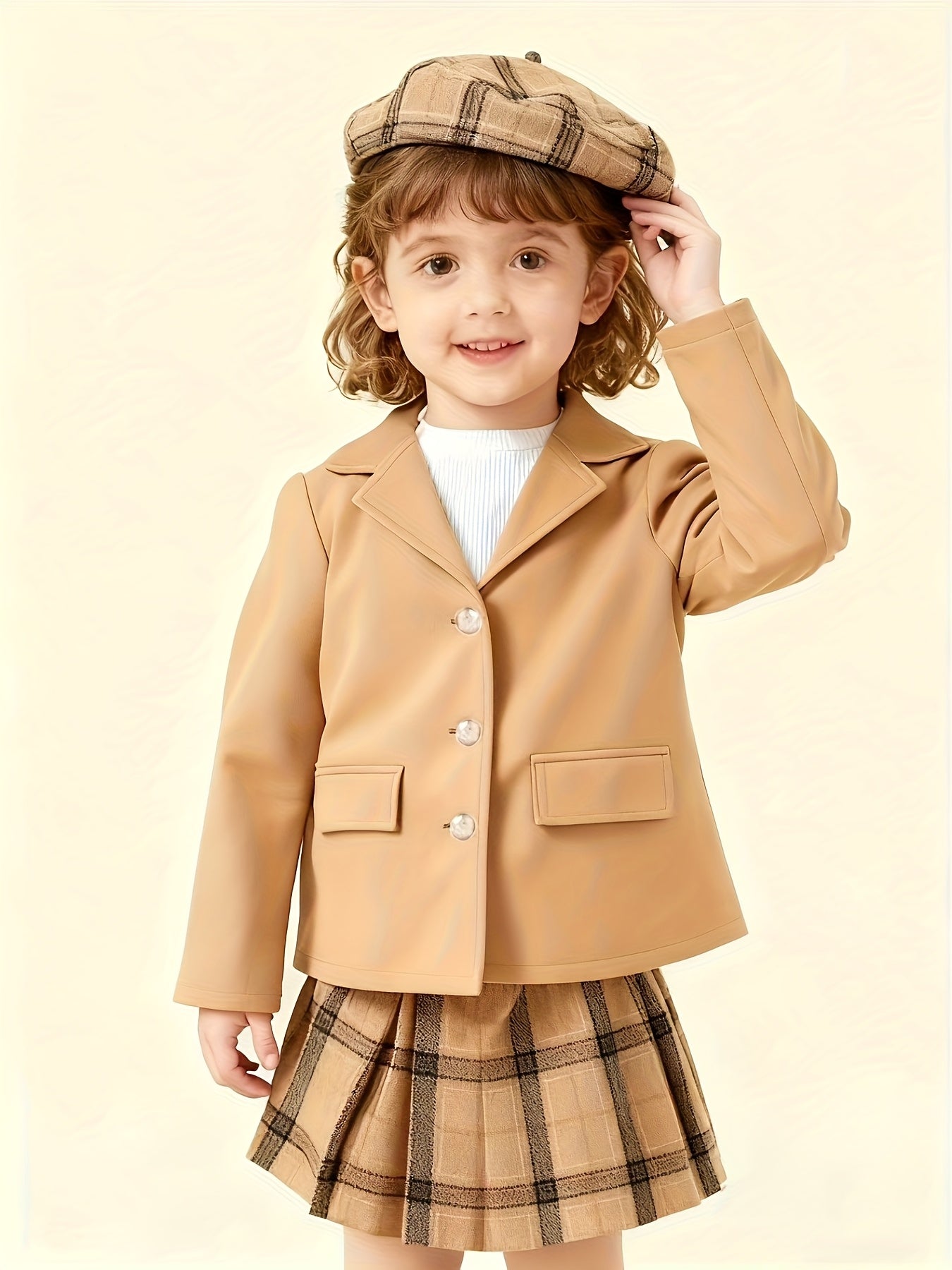 Girls’ 4-Piece Autumn/Winter Fashion Set – Button-Up Coat, Ribbed Long-Sleeve Top, Checkered Elastic-Waist Skirt & Matching Beret