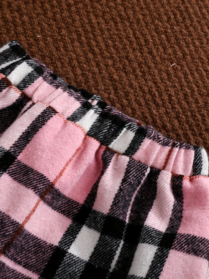 Girls’ 4-Piece Autumn/Winter Fashion Set – Button-Up Coat, Ribbed Long-Sleeve Top, Checkered Elastic-Waist Skirt & Matching Beret