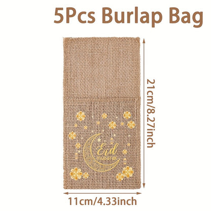 Set of 5 Burlap Bags Featuring Flowers, Perfect for Eid And Ramadan. These Bags Can Hold Knives And Forks And Serve As Festive Decorations for Your Home, Ideal for Islamic Muslim Gatherings And Tableware