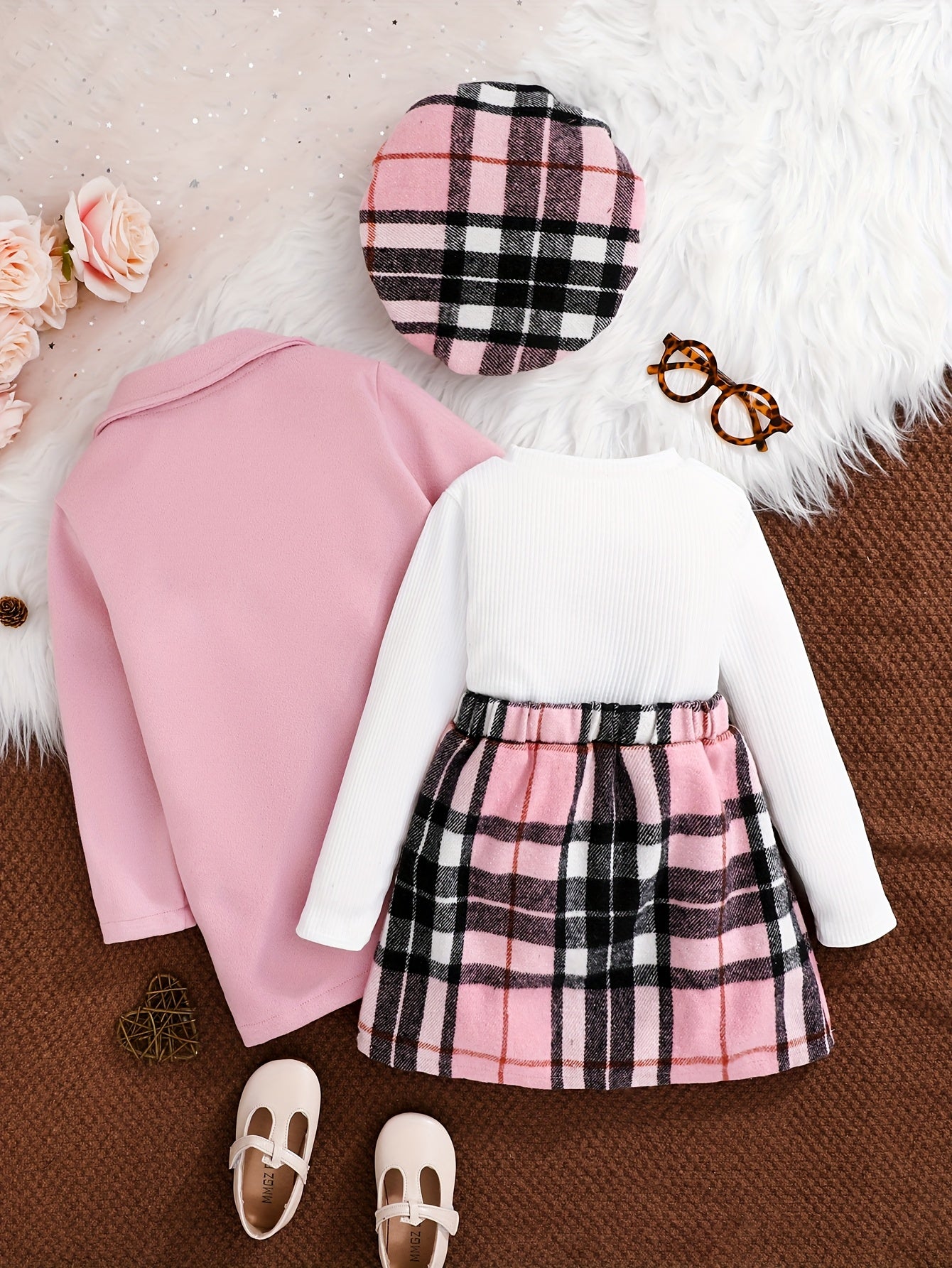 Girls’ 4-Piece Autumn/Winter Fashion Set – Button-Up Coat, Ribbed Long-Sleeve Top, Checkered Elastic-Waist Skirt & Matching Beret