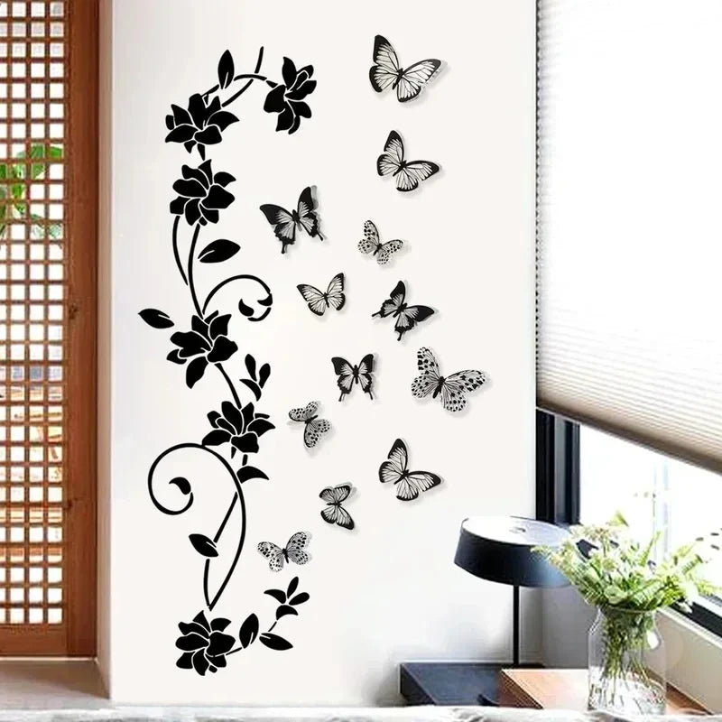 Black Flower Vine & 3D Butterfly Wall Sticker – Removable Bedroom Wall Decoration