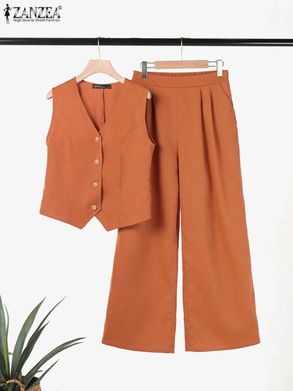 ZANZEA 2025 Elegant Two-Piece Set – Solid Color Vest Top & Wide Leg Pants, Summer Office Chic Outfit (Plus Size)
