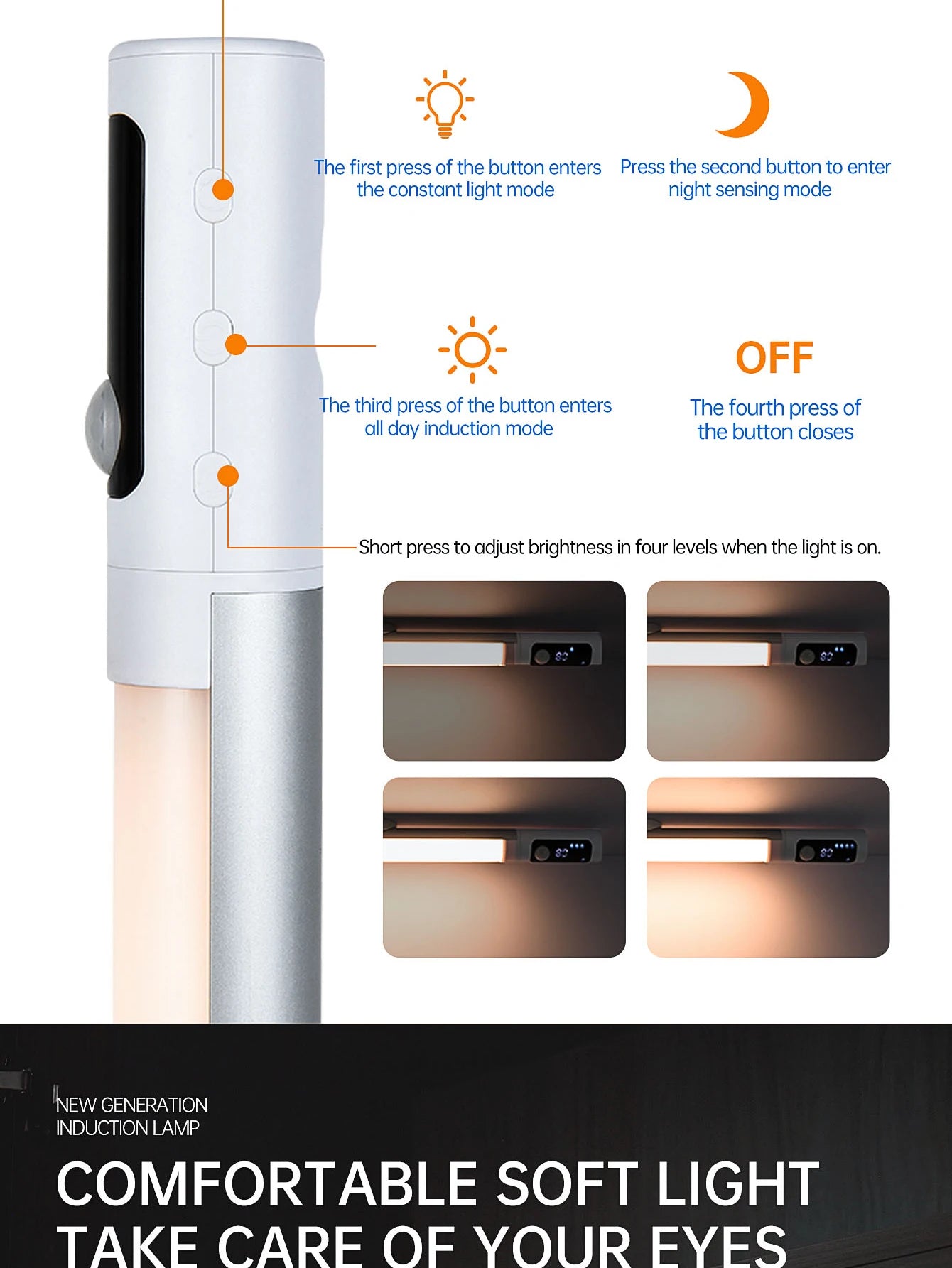 مصباح ليلي مزود بمستشعر حركة - مصباح مكتب وخزانة LED قابل لإعادة الشحن من النوع C مع شاشة رقمية 