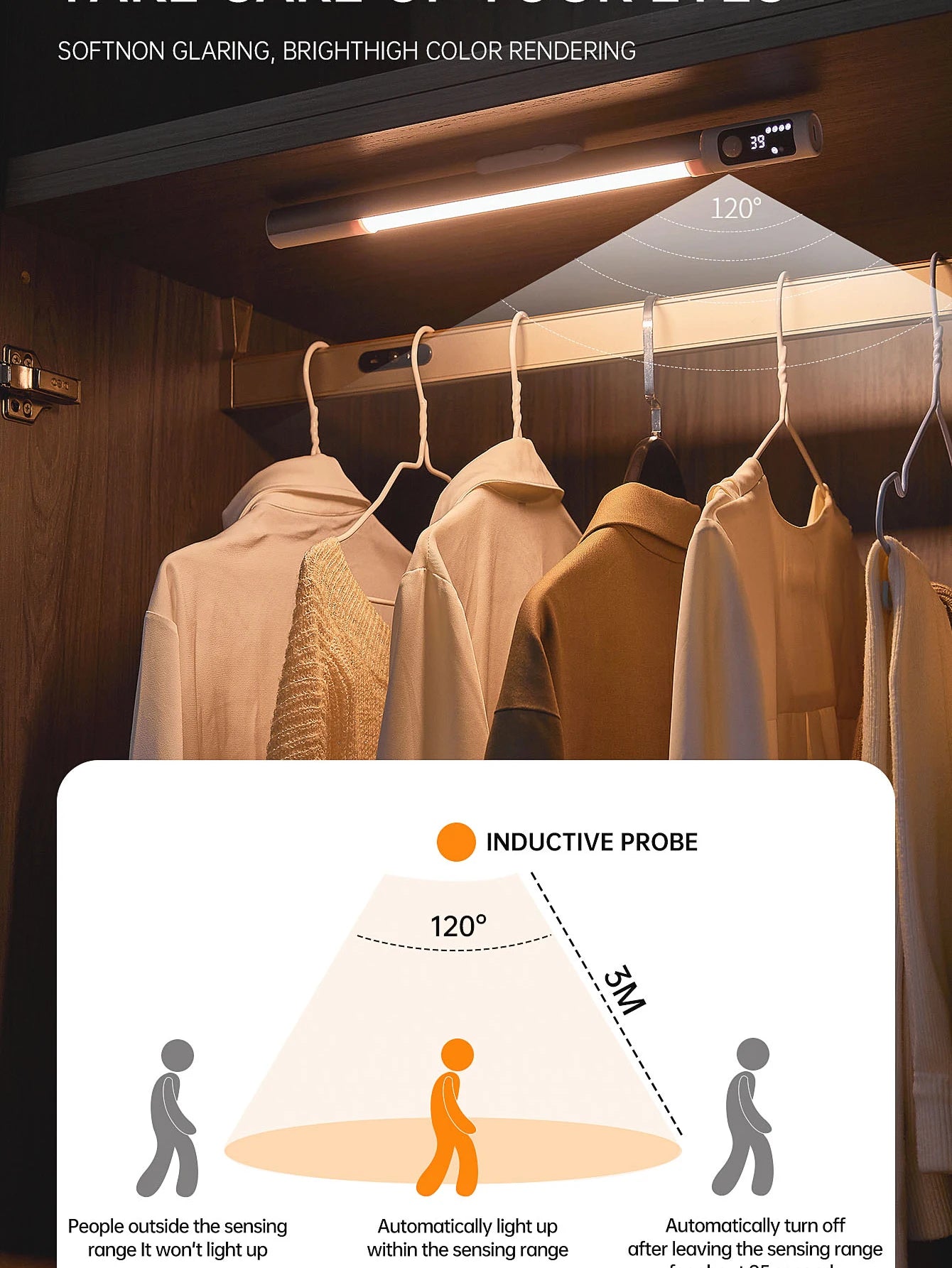 مصباح ليلي مزود بمستشعر حركة - مصباح مكتب وخزانة LED قابل لإعادة الشحن من النوع C مع شاشة رقمية 