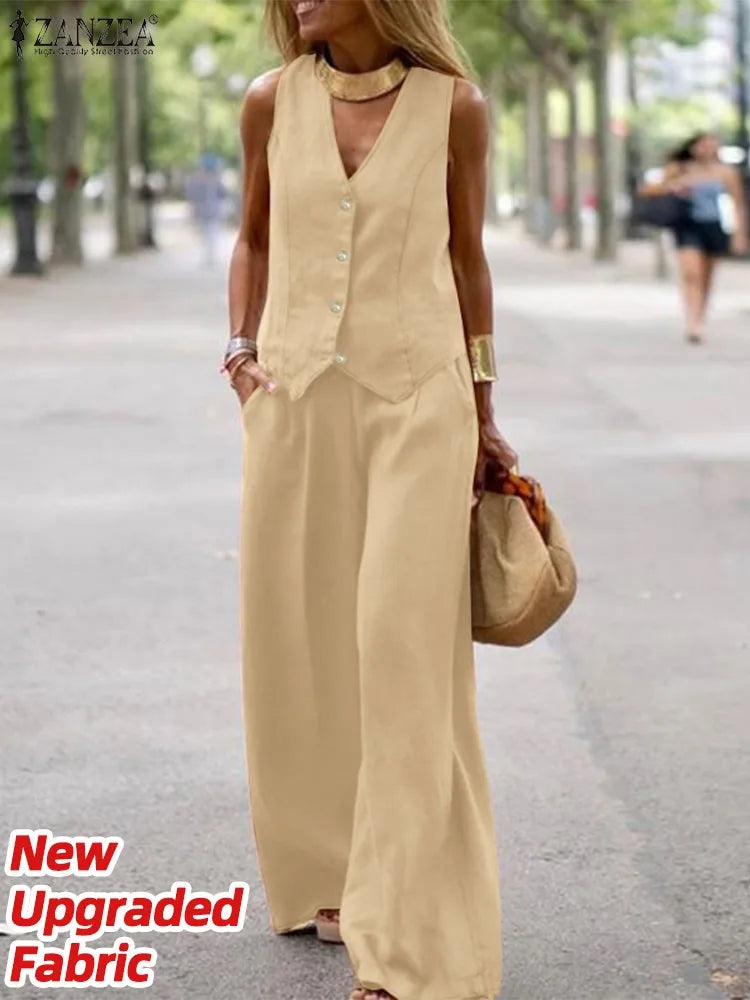 ZANZEA 2025 Elegant Two-Piece Set – Solid Color Vest Top & Wide Leg Pants, Summer Office Chic Outfit (Plus Size)