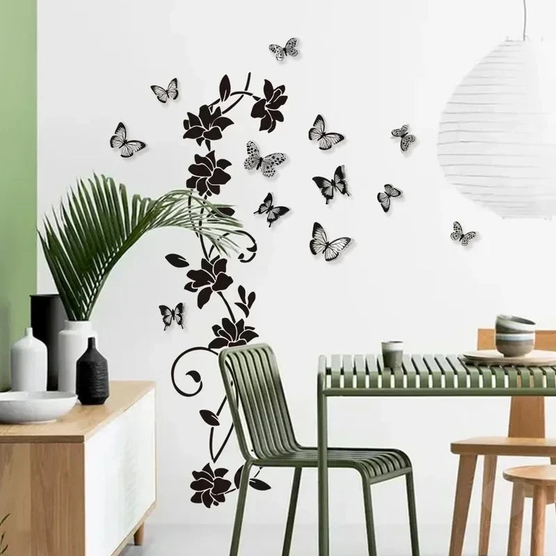 Black Flower Vine & 3D Butterfly Wall Sticker – Removable Bedroom Wall Decoration