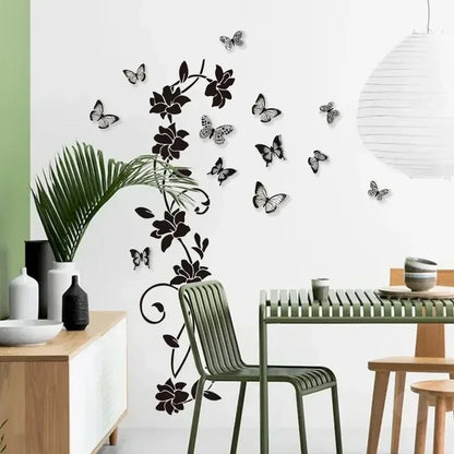 Black Flower Vine & 3D Butterfly Wall Sticker – Removable Bedroom Wall Decoration