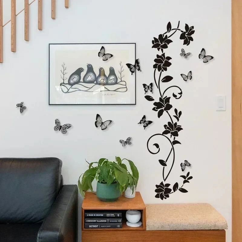 Black Flower Vine & 3D Butterfly Wall Sticker – Removable Bedroom Wall Decoration