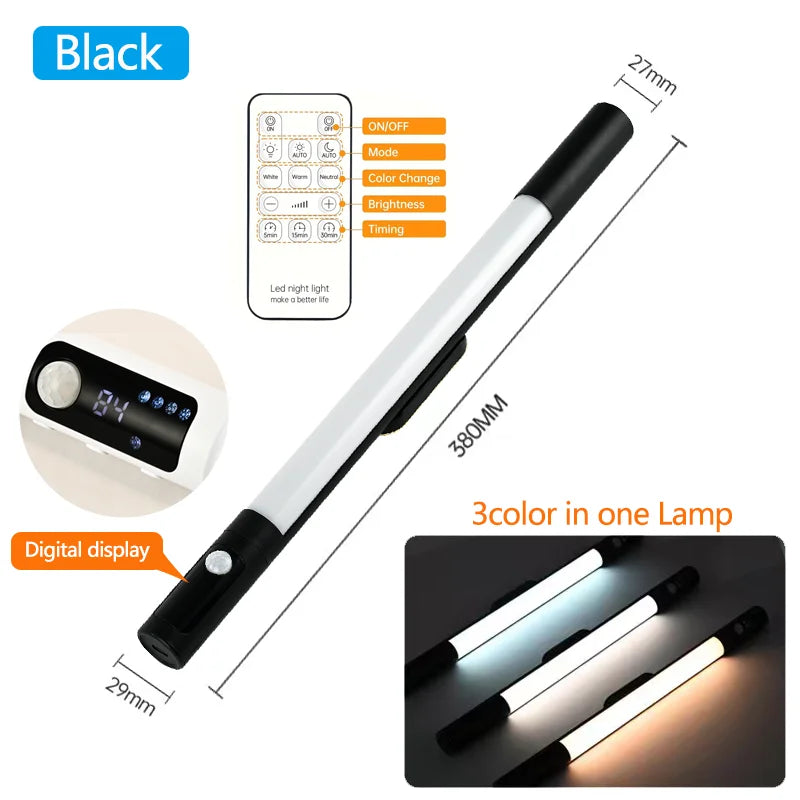 مصباح ليلي مزود بمستشعر حركة - مصباح مكتب وخزانة LED قابل لإعادة الشحن من النوع C مع شاشة رقمية 