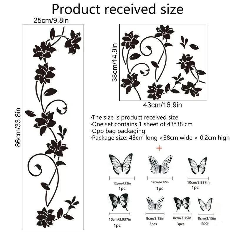 Black Flower Vine & 3D Butterfly Wall Sticker – Removable Bedroom Wall Decoration
