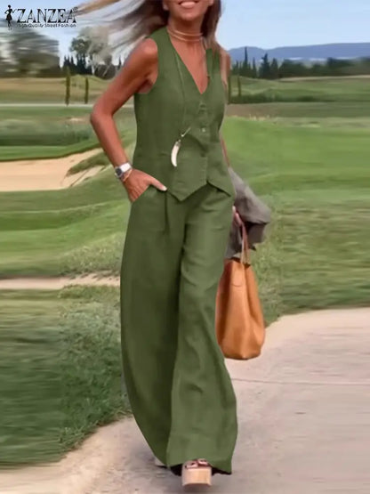 ZANZEA 2025 Elegant Two-Piece Set – Solid Color Vest Top & Wide Leg Pants, Summer Office Chic Outfit (Plus Size)