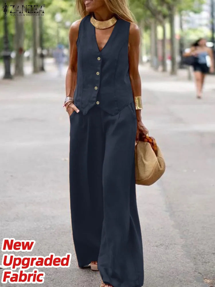 ZANZEA 2025 Elegant Two-Piece Set – Solid Color Vest Top & Wide Leg Pants, Summer Office Chic Outfit (Plus Size)