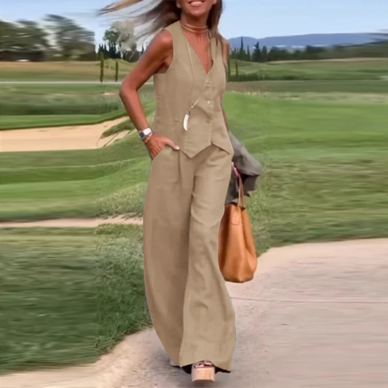 ZANZEA 2025 Elegant Two-Piece Set – Solid Color Vest Top & Wide Leg Pants, Summer Office Chic Outfit (Plus Size)