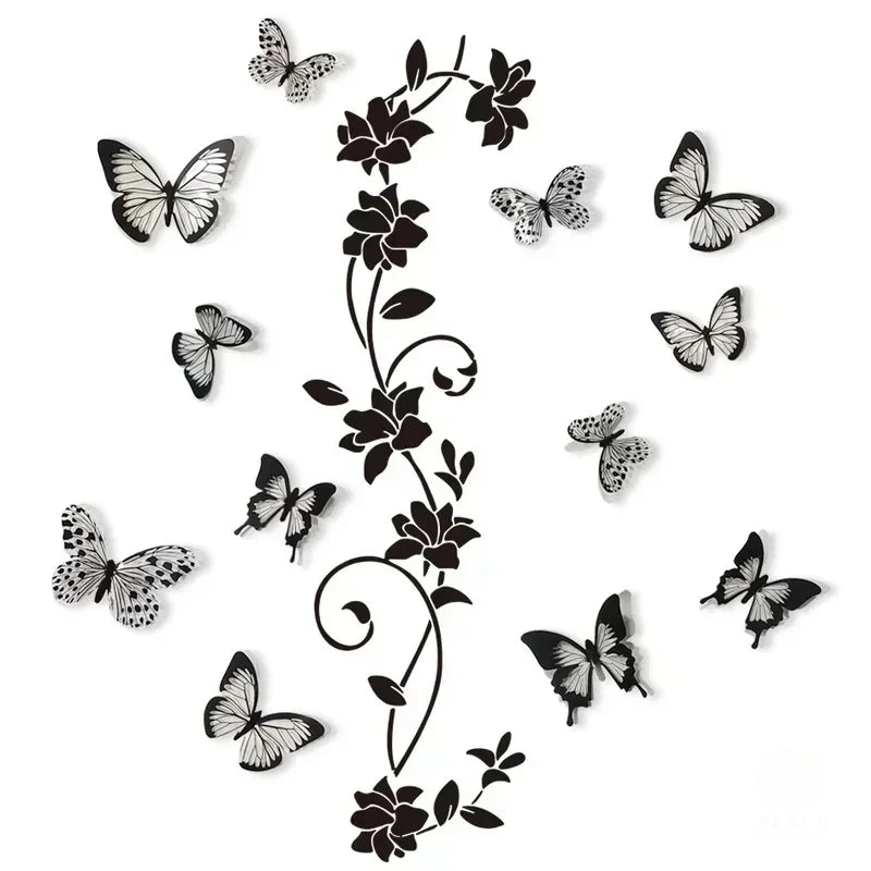 Black Flower Vine & 3D Butterfly Wall Sticker – Removable Bedroom Wall Decoration