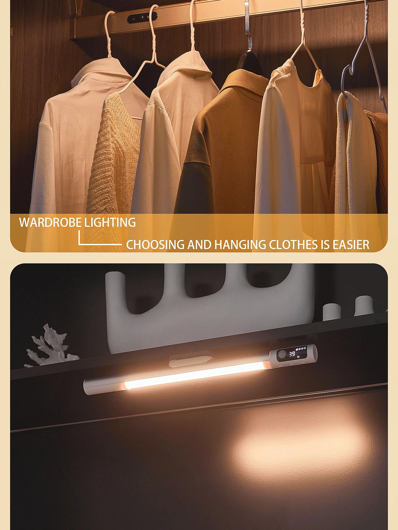 مصباح ليلي مزود بمستشعر حركة - مصباح مكتب وخزانة LED قابل لإعادة الشحن من النوع C مع شاشة رقمية 